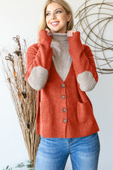 Long Sleeve V Neck Button Down Cardigan Heimish Orange-Red S