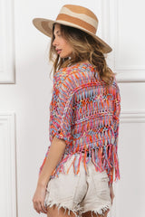 Open Front Fringed Crop Knit Cardigan BiBi