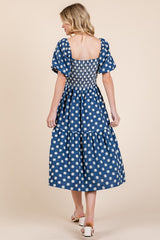 Floral Embroidered Smocked Puff Sleeve Tiered Midi Dress GeeGee