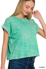 Halo Washed Cotton Cuffed Short Sleeve Top ZENANA