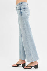 Tummy Control Low Rise Wide Leg Raw Cut Hem Jeans With Plus Size Risen