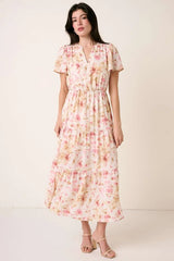 Flower Print Flutter Sleeve V Slit Maxi Dress Mittoshop