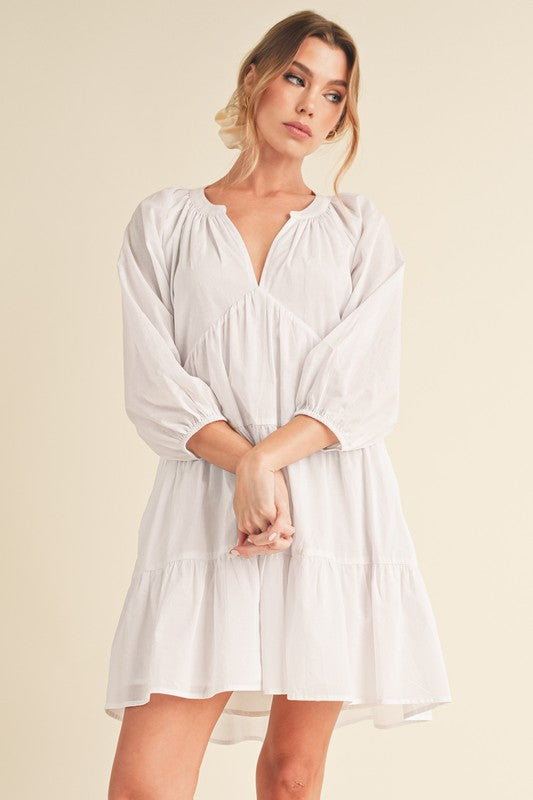Notched Balloon Sleeve Tiered Mini Dress Aemi + Co White S