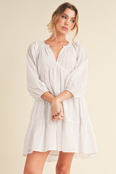 Notched Balloon Sleeve Tiered Mini Dress Aemi + Co White S