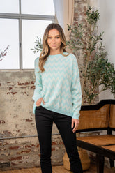 Wave Stripe Contrast Long Sleeve Sweater Sew in Love Mint/White S