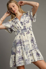 Landscape Print Collared Smocked Mini Dress Umgee