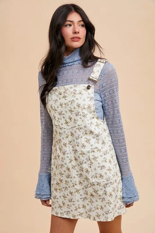 Stretch Ditsy Print Denim Overall Mini Dress Annie Wear IVORY S