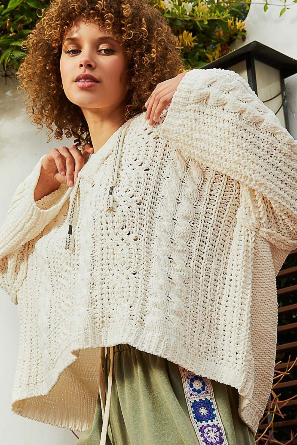Cable Knit Hooded Chenille Sweater POL Cream S