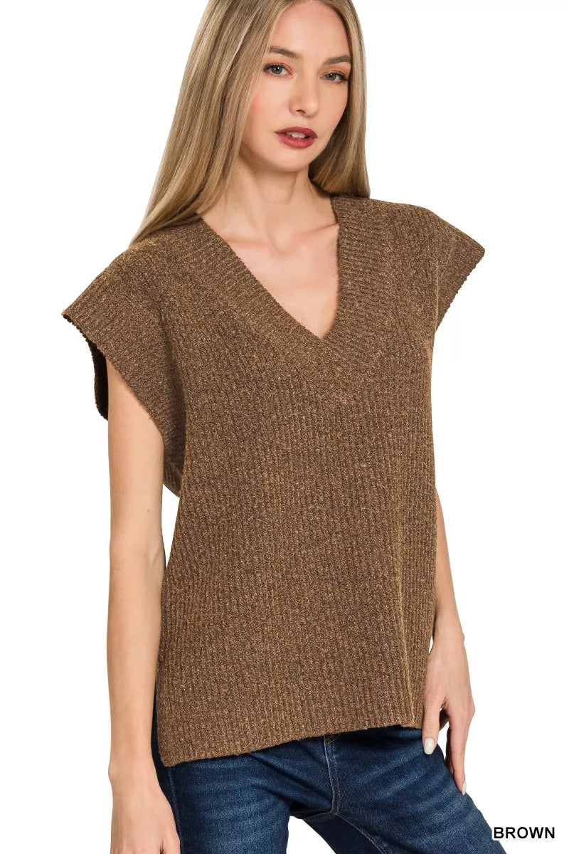 Ribbed Slit V-Neck Sweater Vest ZENANA BROWN S