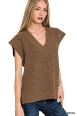 Ribbed Slit V-Neck Sweater Vest ZENANA BROWN S