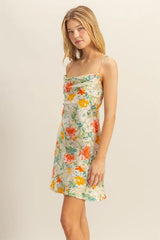 Floral Cowl Neck Flirty Satin Mini Dress HYFVE