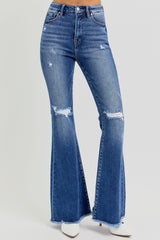 High Rise Distressed Raw Hem Flare Jeans Risen
