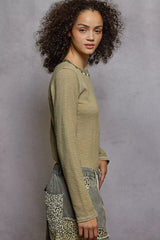 Round Neck Long Sleeve Contrast Stitching T-Shirt with Stud Detail POL