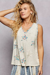 Floral Print Star Patch V-Neck Ribbed Tank POL