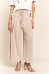 Smocked Waist Boho Wide Leg Pants with Pockets J.NNA Light Beige S