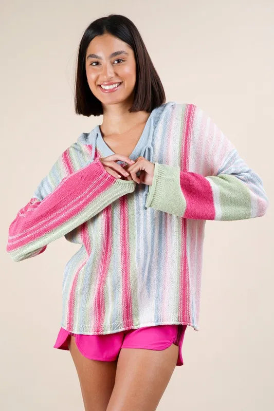 Multi Color Stripe Long Sleeve Ribbed Knit Hoodie Very J Sky L