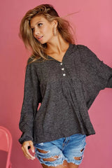 BiBi Textured Knit Hoodie with Buttoned Placket Trendsi