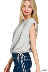 Woven Drawstring Tie Side Sleeveless Top ZENANA