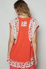 Floral Frayed Hem Crochet Cap Sleeve Top POL