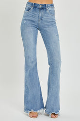 High Rise Light Wash Frayed Hem Flare Jeans Risen Light 0(24)