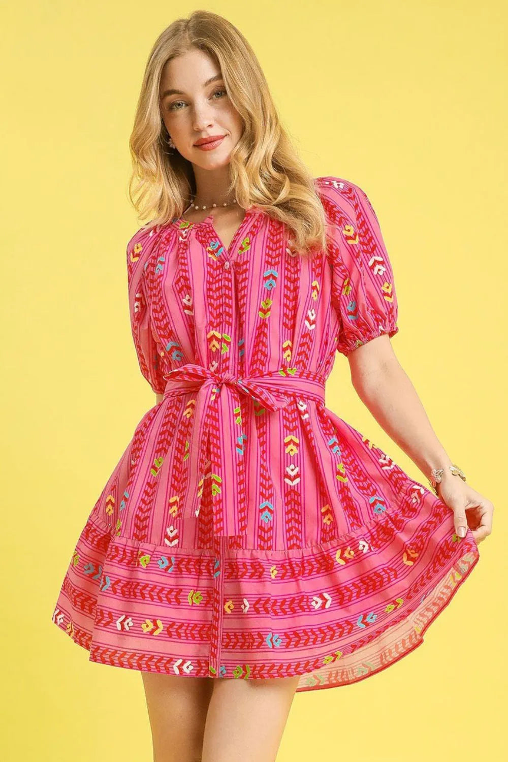 Printed Tie Waist Puff Short Sleeve Mini Dress Umgee Hot Pink S