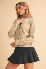Ribbed Hem Button Down V-Neck Cardigan Aemi + Co