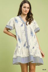 Linen Printed Button-Front Tiered Mini Dress Umgee BLUE S