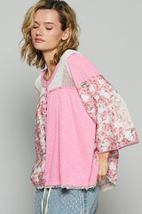 Washed Floral Print Crochet Detail Top POL