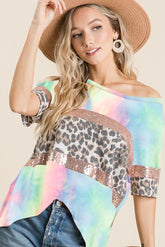 Tie Dye Terry Top with Leopard and Sequins Block BiBi PASTEL TIE DYE S