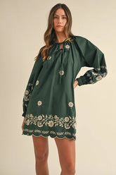 Embroidered Long Sleeve Peasant Mini Dress Mable Hunter Green M