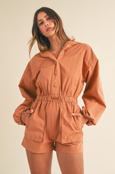 Snap Down Long Sleeve Hooded Romper Mable Tan S
