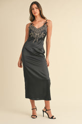 Embroidered Cami Satin Midi Slit Dress Mable Black S