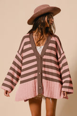 Slit Striped V-Neck Button Up Cardigan BiBi