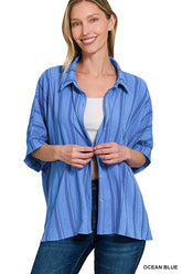 Woven Yarn-Dye Stripe Oversized Button Down Shirt ZENANA OCEAN BLUE S/M