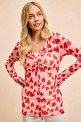 Button Down Heart Printed Mesh Shirt with Ruched Front BiBi BLUSH/RED S