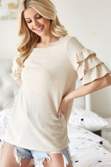 Waffle Knit Layer Ruffled Sleeve Top BiBi