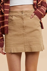 Comfort Stretch Cotton Slit Detailed Mini Skirt Annie Wear KHAKI S