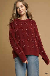 Pearl-Embellished Long Sleeve Sweater Umgee Red S