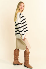 High-Low Side Slit Striped Johnny Collar Sweater Davi & Dani