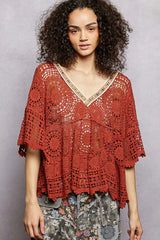V-Neck Crochet Top with Scalloped Hem POL GINGER One Size