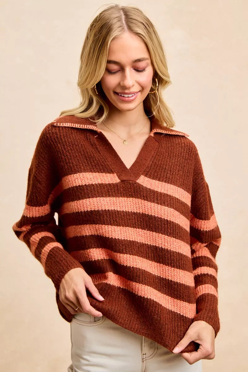 Striped Sweater Top with Collar Stitched Details BiBi BRICK/TERRACOTTA S