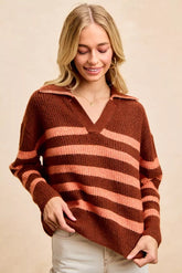 Striped Sweater Top with Collar Stitched Details BiBi BRICK/TERRACOTTA S
