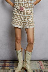 Elastic Waistband Crochet Shorts with Granny Square Weave POL IVORY/MOCHA One Size