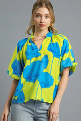 Floral Print Relaxed Fit Summer Blouse Umgee Lime S