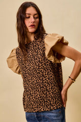 SO ME Leopard Pointelle Knit Top with Puff Sleeves Trendsi