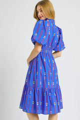 Printed Smocked Midi Dress with Ruffled Hem Umgee