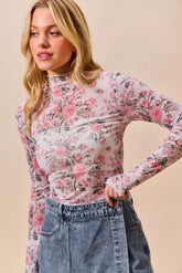 Floral Rose Print Mesh Sheer Layering Top So Me Pink S