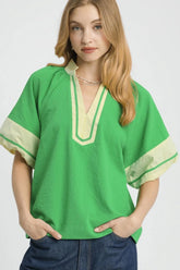 Contrast Trim Notched Puff Sleeve Blouse Umgee Green S