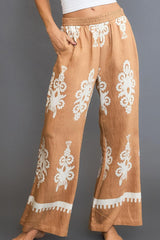 Border Print Wide Leg Pants Umgee MOCHA S