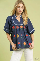 Embroidered Floral Puff Sleeve Top Umgee NAVY S